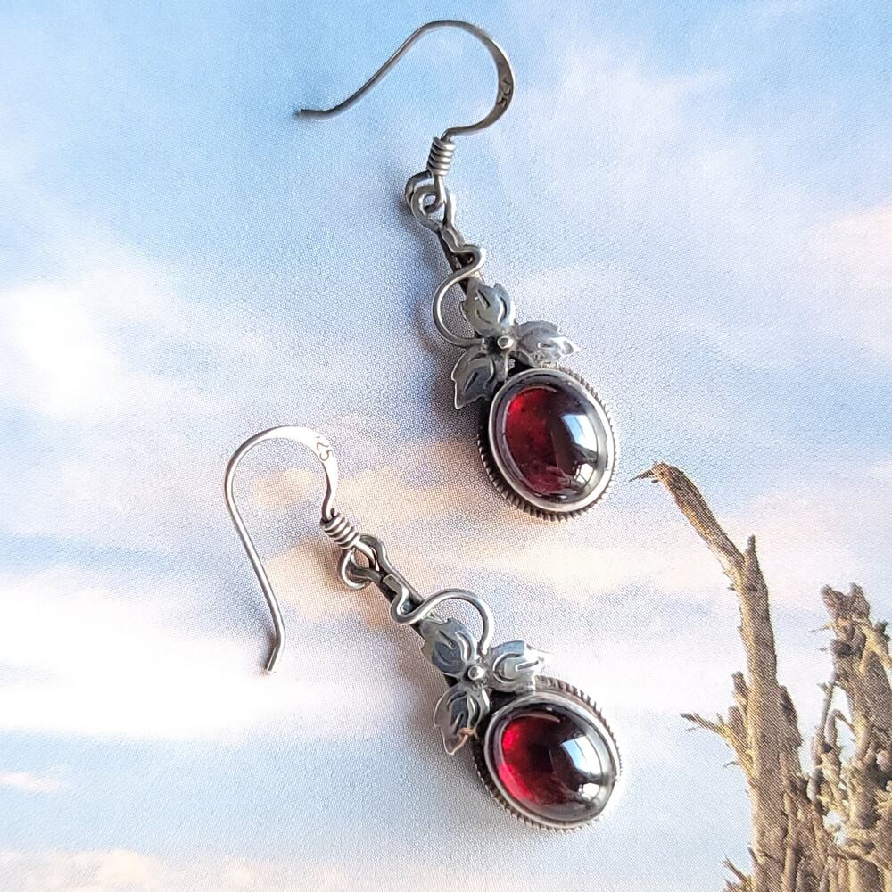 Sterling Silver Ivy + Garnet Drop Earrings - Picture 4 of 6